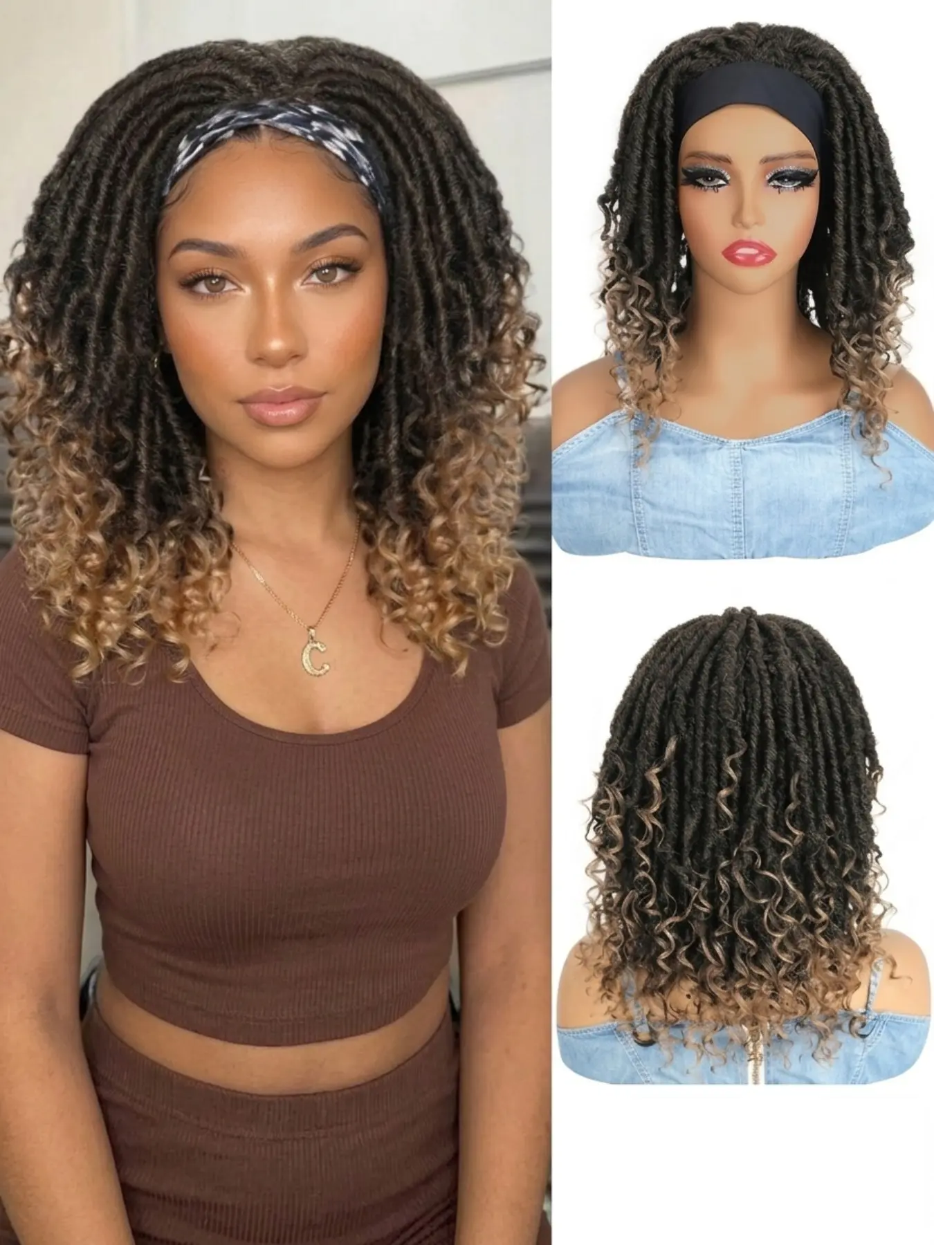 16-Inch Braided Wig for Women, No Glue Hairband, Colorful Dreadlock Wig, Synthetic Goddess Curl Wig, Hooked Braiding (1bt30 Colors)