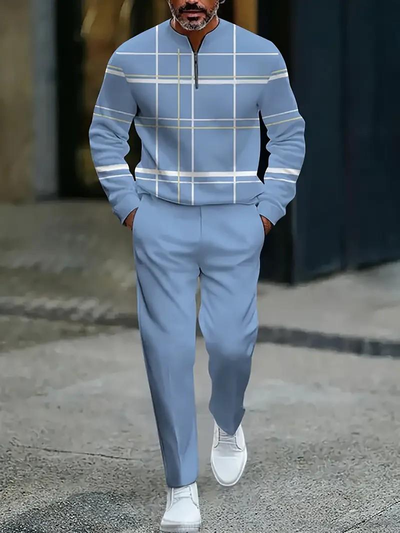 Men's 2-piece lightweight business casual sportswear |   Light blue checkered top with half zipper |   Contrasting white and yellow checkered patterns+matching pants |   Suitable for urban commuting, office leisure, and polished comfort Summer Tracksuits