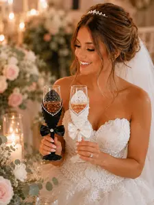 Luxury bride and groom champagne cup set (2-piece set), handmade lace and rhinestone decoration wedding toast Cup, black and white bow design, wedding decoration ornaments, bridal party gifts, wedding commemorative gifts, churches, photo props, Valentine'