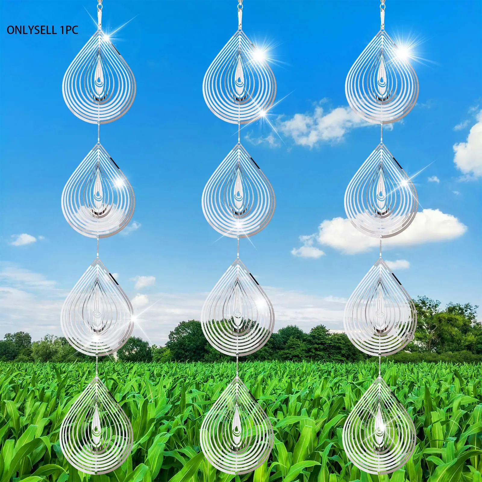 Four-Piece Water Drop Rotating Wind Chime, Creative Metal 3D Wind Spinner, Bird Repellent Decorative Home Ornament, Unique Indoor Outdoor Accessory