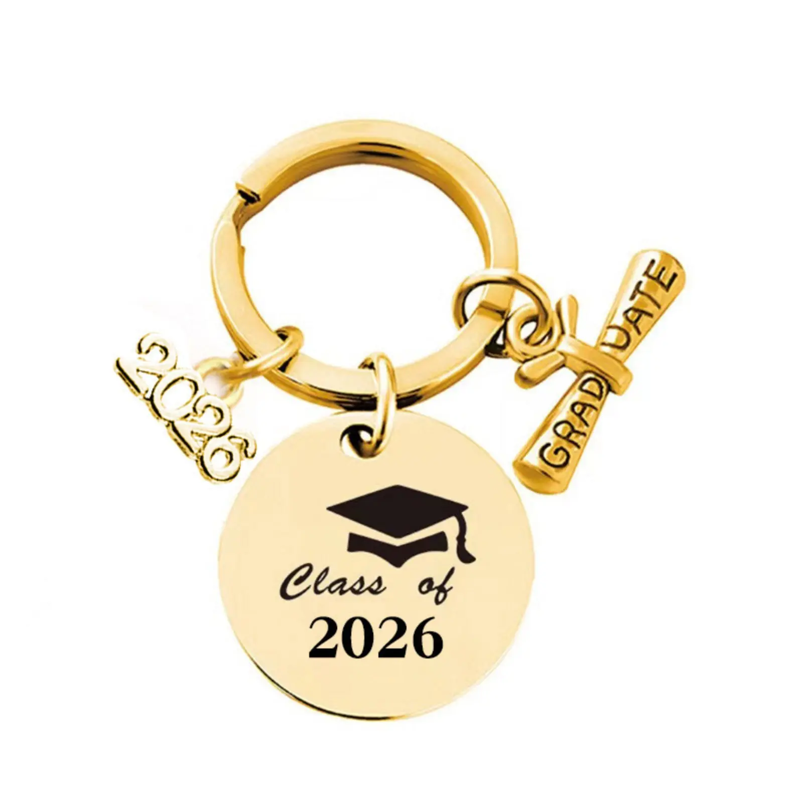 Gold Class of 2026 Graduation Keychain Moving Up Day Gift Bachelor Cap Grad Scroll Charm Keepsake Keyring for High School College University Students