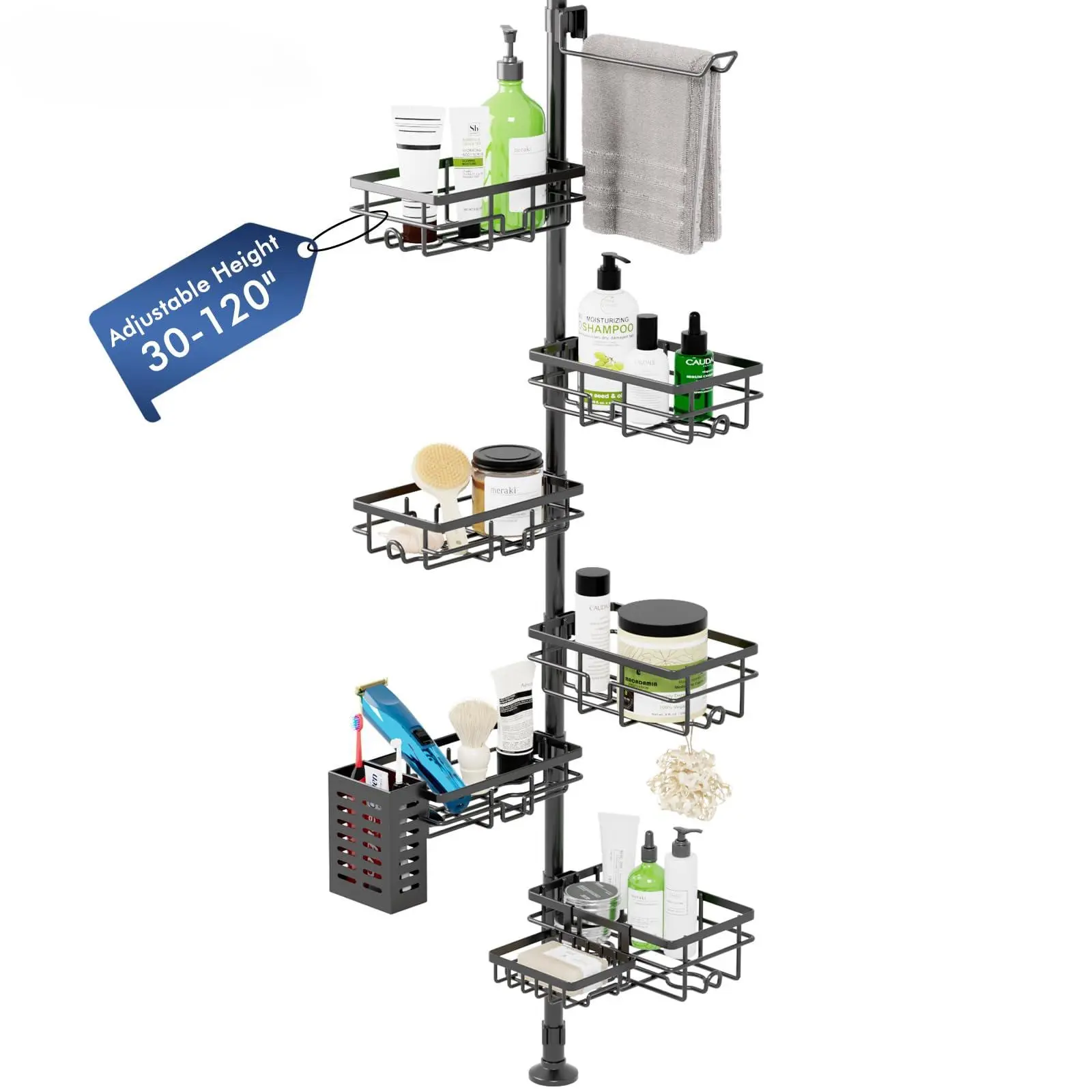 FEELSO Shower Caddy Organizer Tension Pole, Rustproof 6-Pack Corner Shelf with 30-120 Inch Adjustable Shower Rack for Inside Shower, Extra Towel Bar & Soap Dish for Bathroom Organizers and Storage
