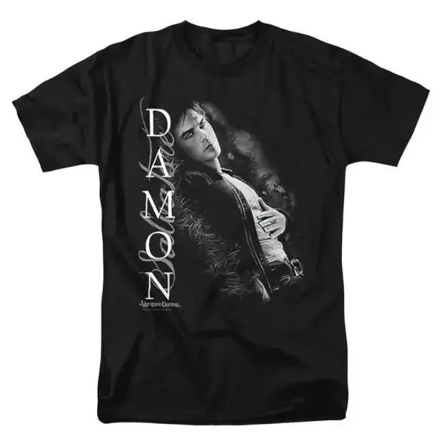 Unisex Black Dry Fit T-Shirt Vintage Print Damon Salvatore The Vampire Diaries Black and White Portrait Vertical Cursive Font TV Series Fans Fashion Street Casual Sweat-Wicking Fabric Breathable Comfortable Daily Wear