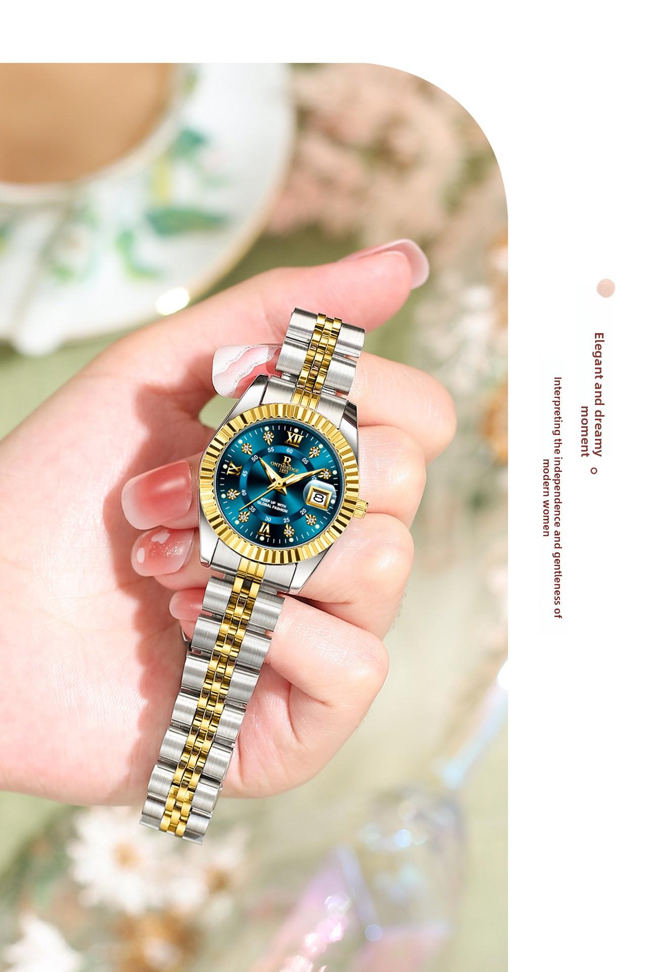 Elegant Women's Luxury Blue Dial Quartz Watch - Two-Tone Gold Silver Stainless Steel Wristwatch with Date, Sparkling Crystal Markers, Roman Numerals, Stylish Dress Watch for Ladies, Perfect Gift for Wife Girlfriend Mom