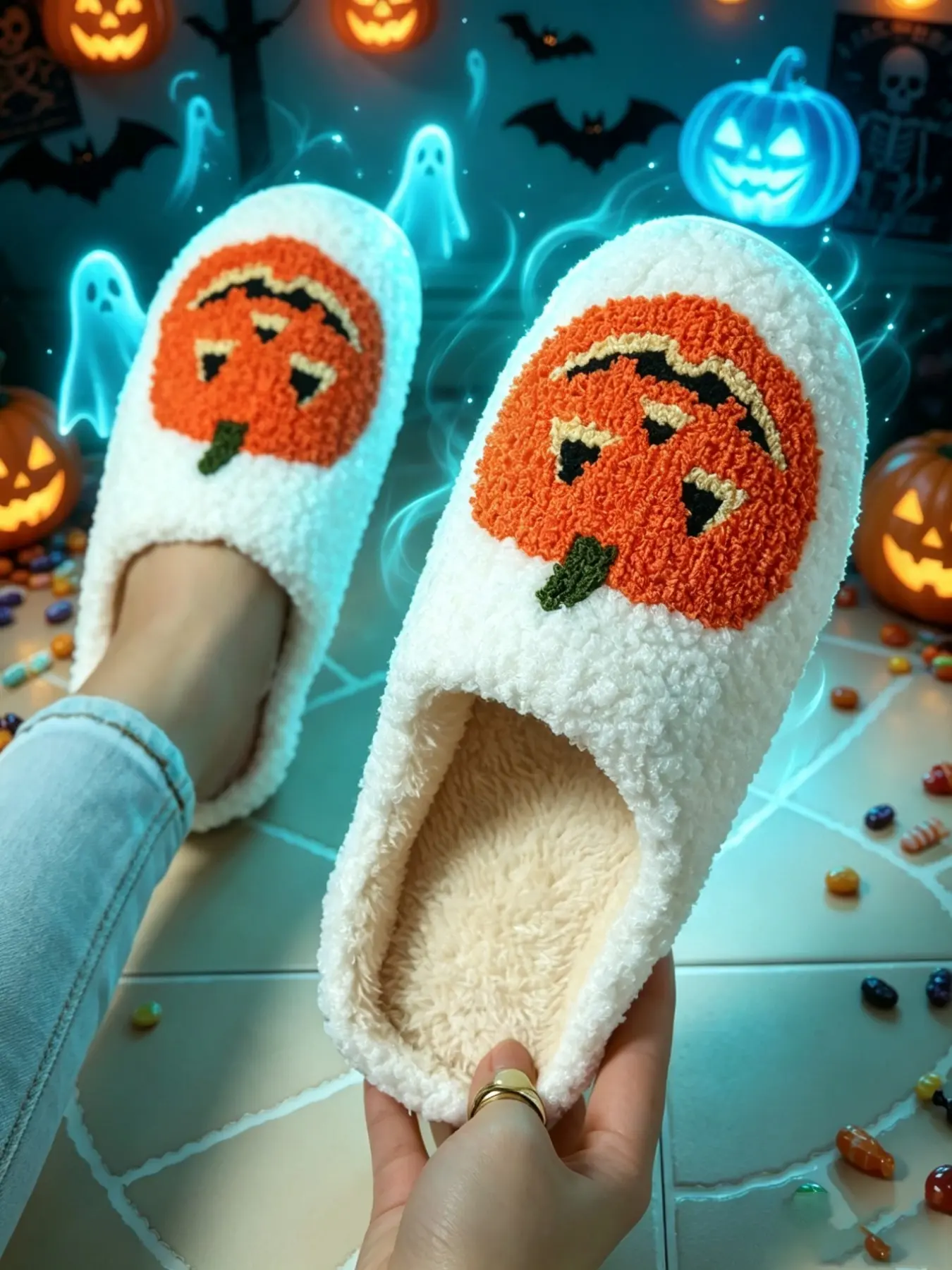Halloween Pumpkin Women's Slippers, Cozy Fuzzy Bedroom Shoes, Fashion Slip-On Lightweight Home Shoes, Halloween Gift, All Seasons