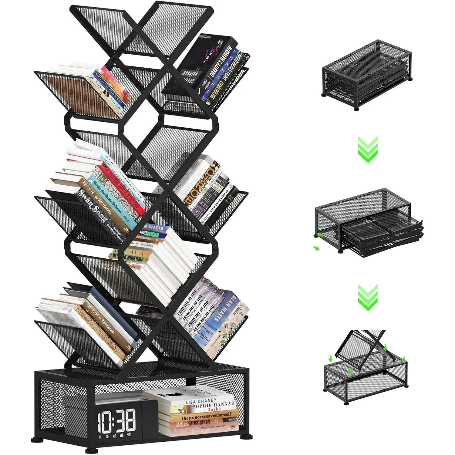 9-Tier Space Saving Book Shelf with Storage,Bedroom Shelves Folding Bookshelves,No Installation Required Shelf Tree Metal Bookshelf for Living Room,Study,Home Office,Bed Room (Black)