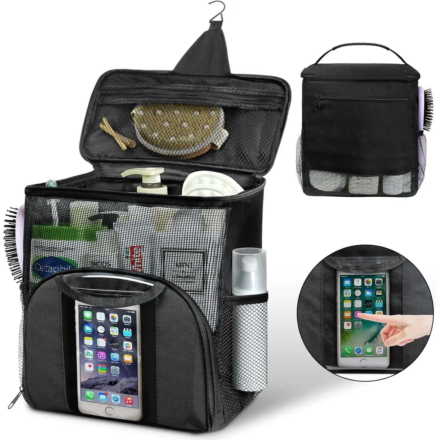 Mesh Shower Caddy Portable Dorm Tote Bag, Quick Dry Hanging Toiletry Bag, Large Capacity Shower Bag for College Dorm Room Essentials for Boys and Girls for Bath Camping (Black)