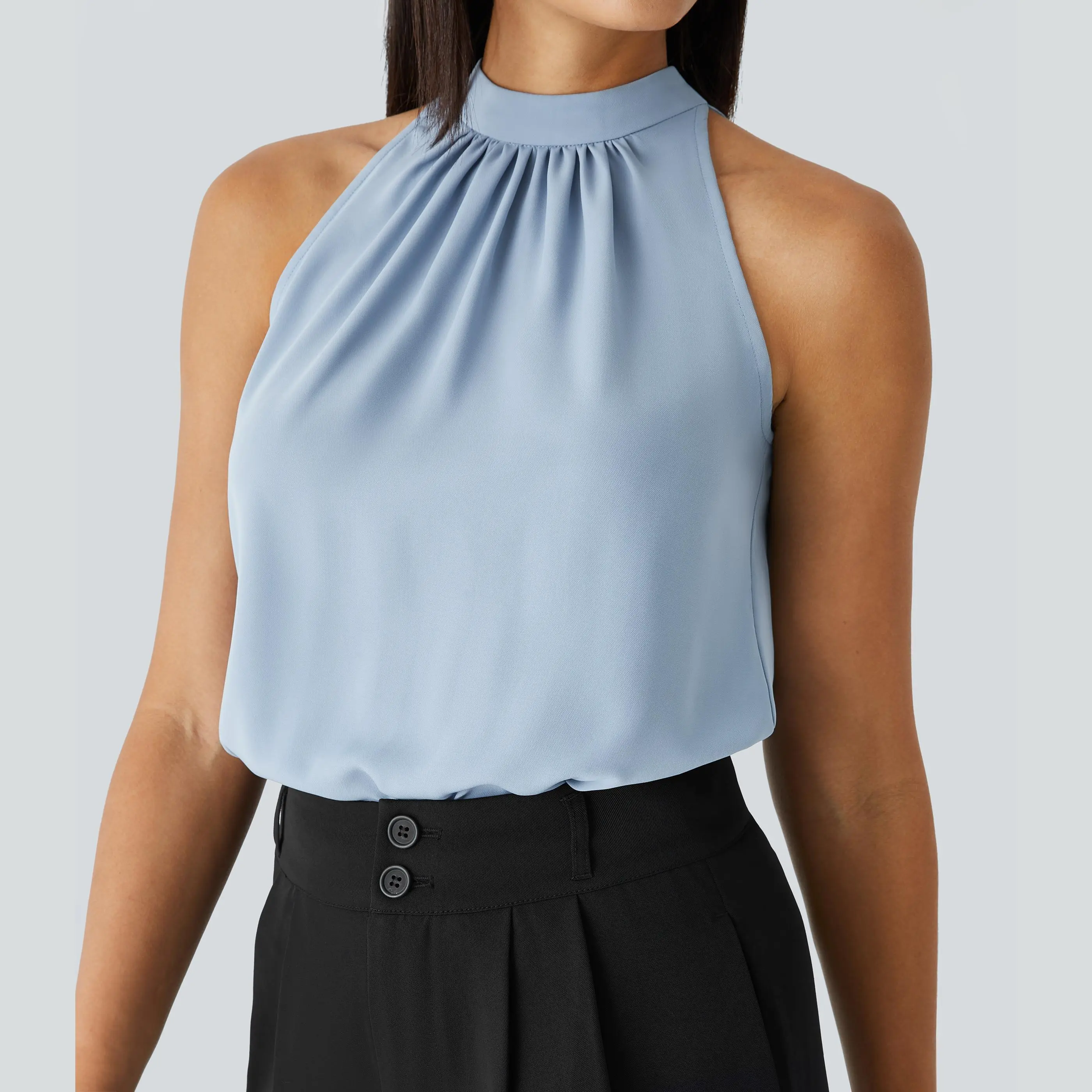 Halara Keyhole Back Halter Sleeveless Curved Hem Work Blouse