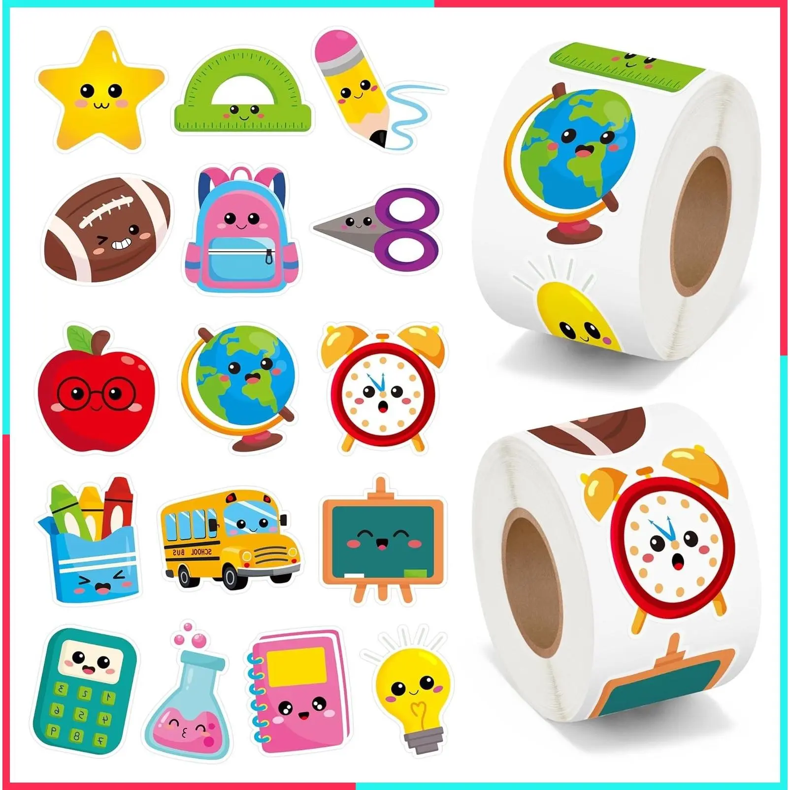 Back to School Sticker - 1000Pcs in 2 Rolls Cute Cartoon Waterproof Vinyl Decal for Preschool Kindergarten First Day of School Gift Bottle Luggage Bag Envelope Decor