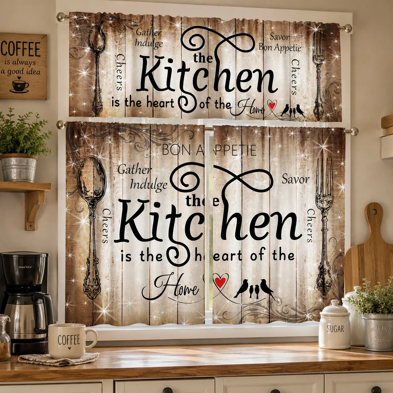 Brown Farmhouse Kitchen Curtain Set - 2/3-Piece Polyester Rod Pocket Drapes with Rustic Fork & Spoon Wood Plank Print, Fun Quotes, 1 Set (3-piece) for Indoor Kitchen, Dining Room Decor