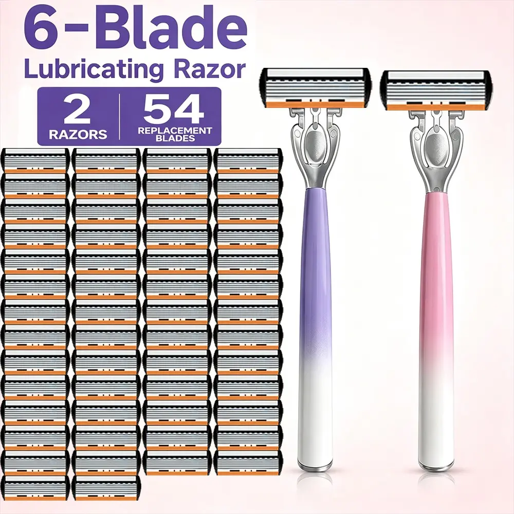 [2 Razor Handles, 54 Replacement Blades] 6-Layer Lubricating Manual Razor Set｜Gradient Purple & Pink-White Dual Handles｜Smooth on Skin Without Irritation｜Perfect for Men and Women, Great for Personal Use or as a Gift!