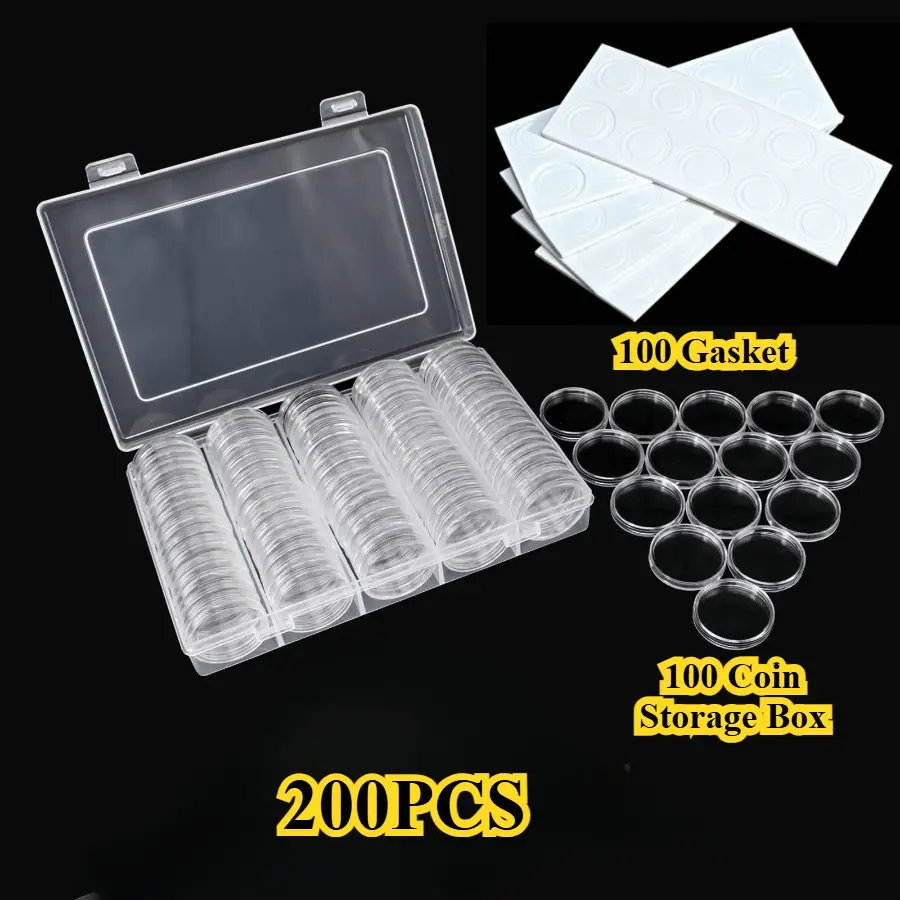 YJ-200pcs (100pcs Case + 100pcs Gasket) Clear Transparent Coin Holder Box • Adjustable Suitable for 17/20/25/27/30mm Coin Storage • Plastic Capsule Case for Collectible Commemorative Coin Collection • for & Office Use