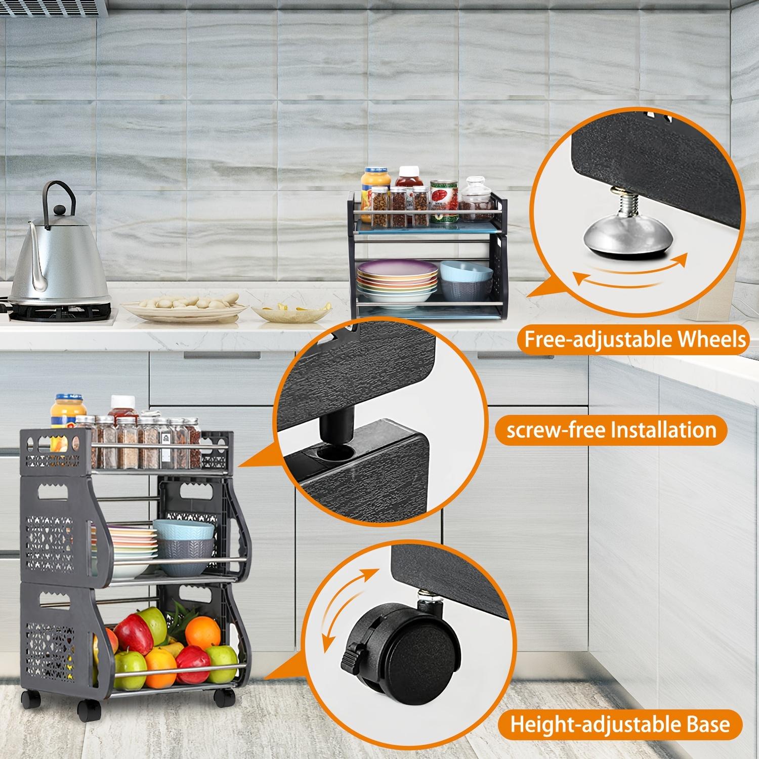 3 Tier Stackable Storage Baskets for Kitchen, Fruit Vegetable Organizer Cart with Wheels, Multi-functional Storage Basket Stand Utility Rack for Pantry, Produce, Onion, Potato