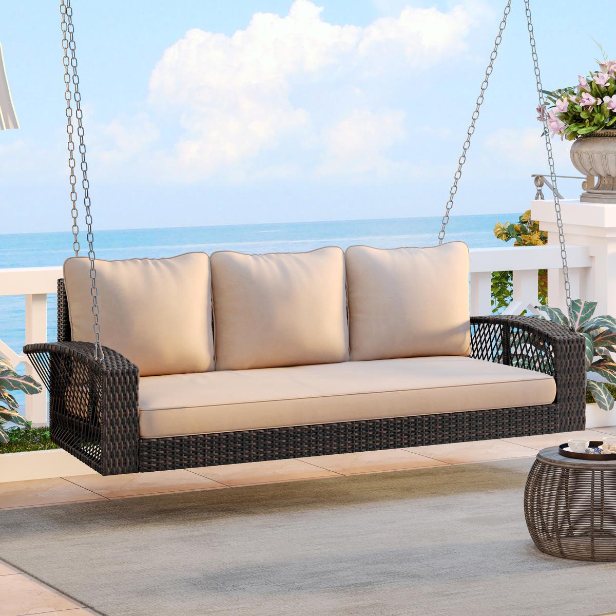 69" PE Wicker 3-Person Porch Swing with Chains, Large Patio Swing Bench with Cushions for Backyard Garden Poolside