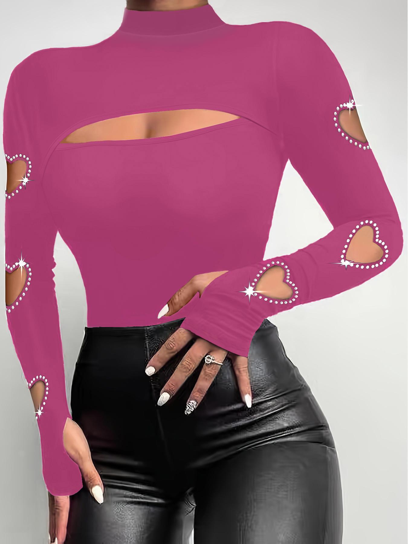 Women's Rhinestone Decor Heart Shaped Cut Out High Neck Tee, Elegant Long Sleeve T-Shirt for Spring & Fall, Women's Clothing for Daily Wear, Cute Tops, Womenswear