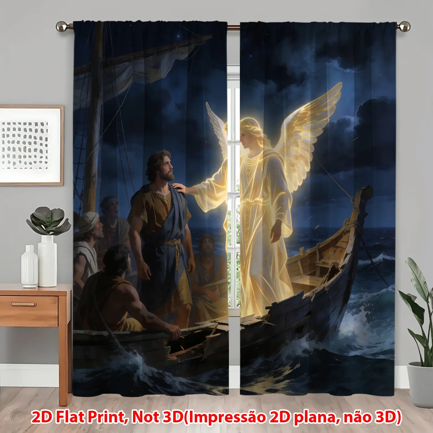 Two-Piece Glow-In-Dark Angel Religious Drapes, Bible Angels & Sailboats Wave Print, Translucent Curtain for Church, Living Room Faith Decor