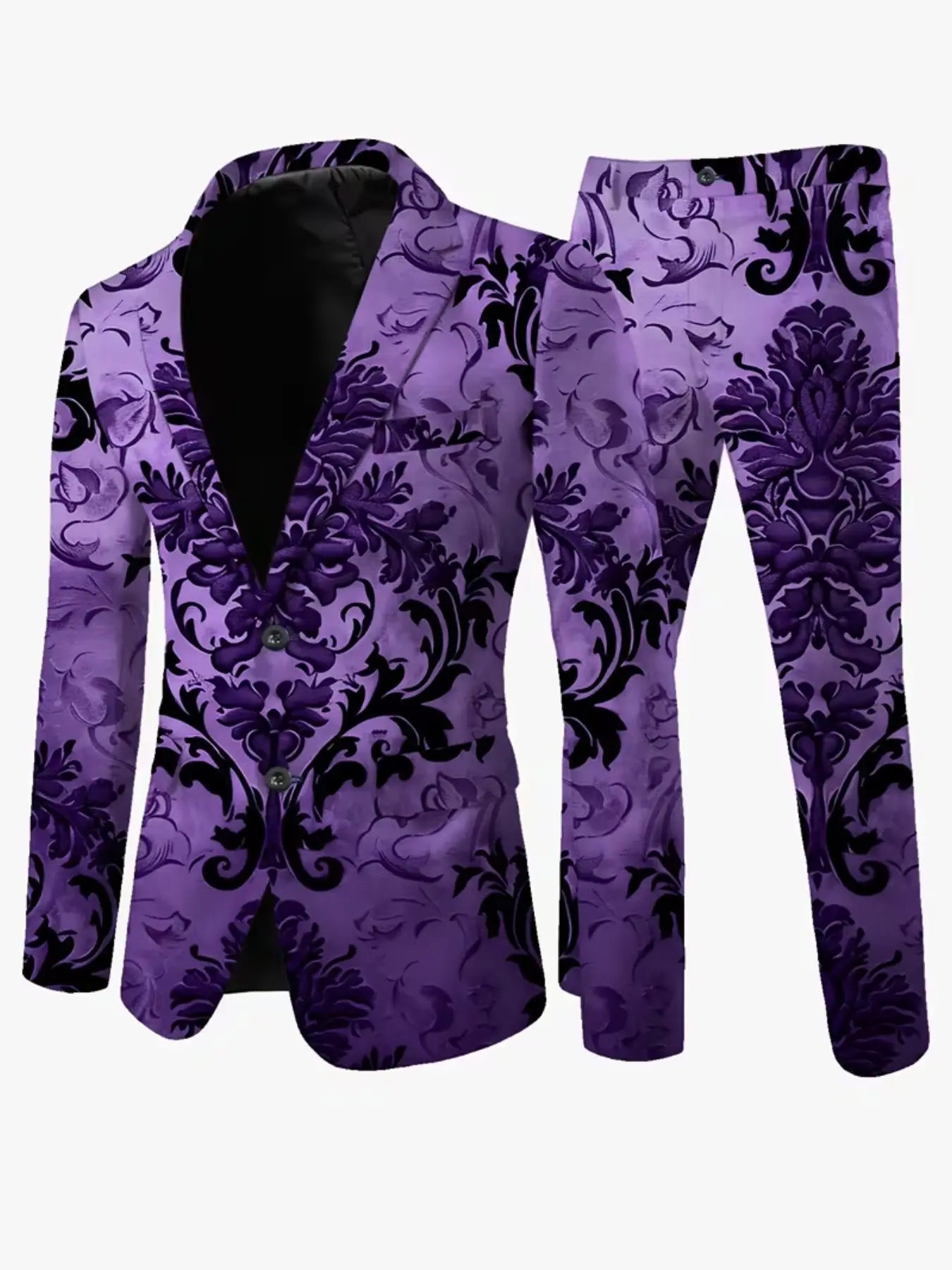 Men's Vintage Baroque Damask Suit Set, Two-Button Full Print Blazer and Pants, Elegant Party Dress for Evening Events
