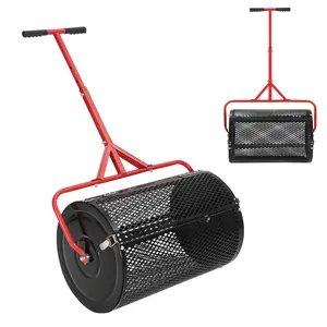 24 Inch Multi-Purpose Lawn Seed Spreader Roller, Powder-Coated Steel Compost Fertilizer Distributor with Adjustable T-Handle & Side Latches, For Grass Seed Topsoil Manure Peat Moss