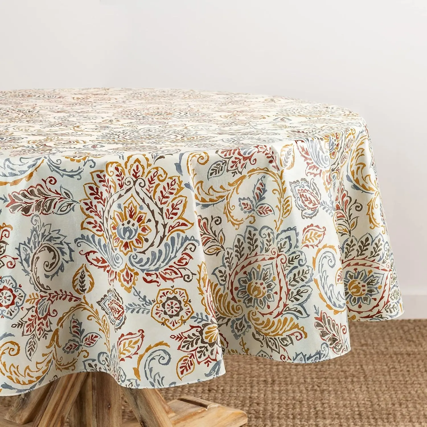 Ava Floral Jacobean Water- and Stain-Resistant Vinyl Tablecloth with Flannel Backing, 60 Inches X 84 Inches, Oval