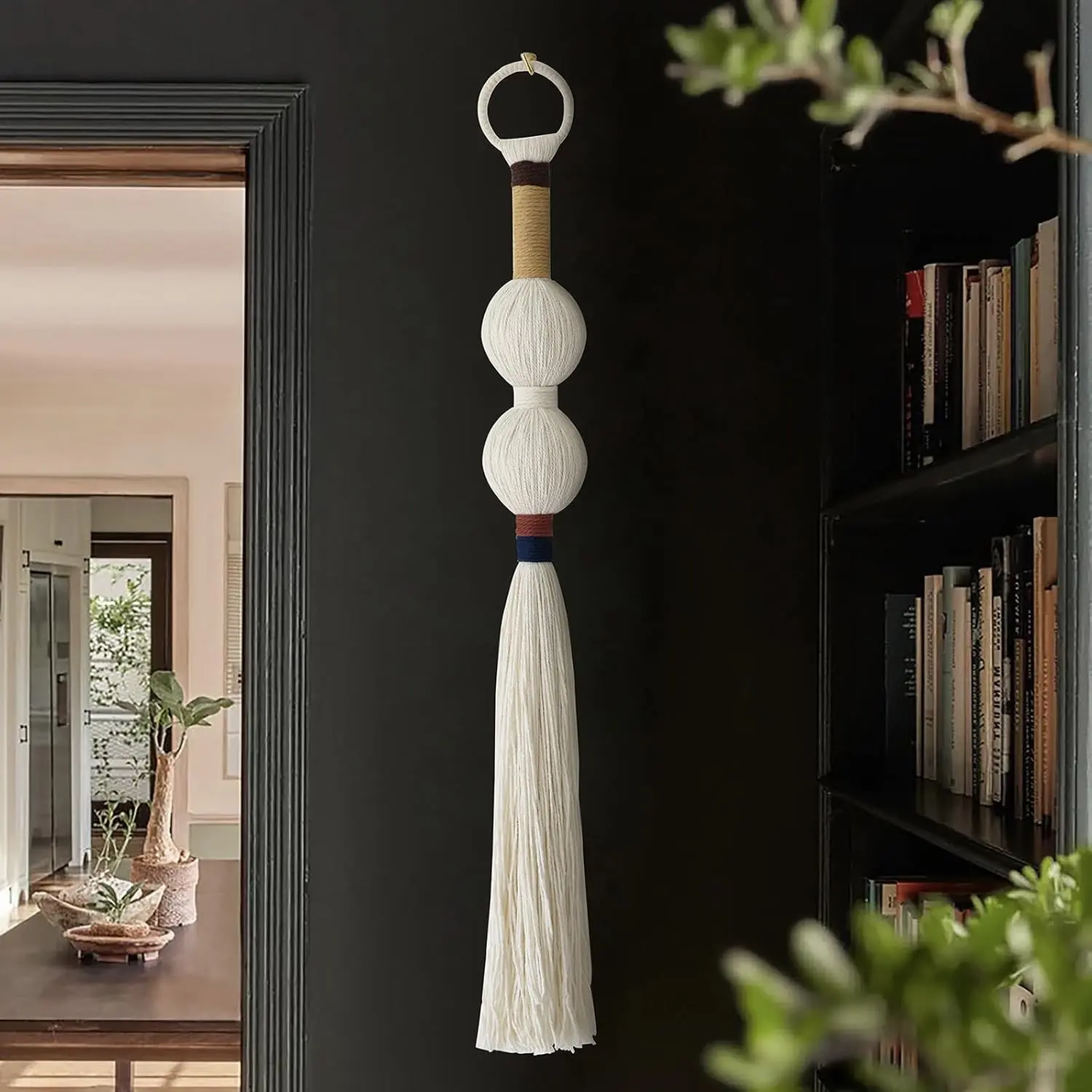 Boho Macrame Wall Hanging - Cotton Yarn Small Spherical Textile Tassel Fiber Art Decor, for Living Room, Bedroom (27in L x 2.3in W), Tassels