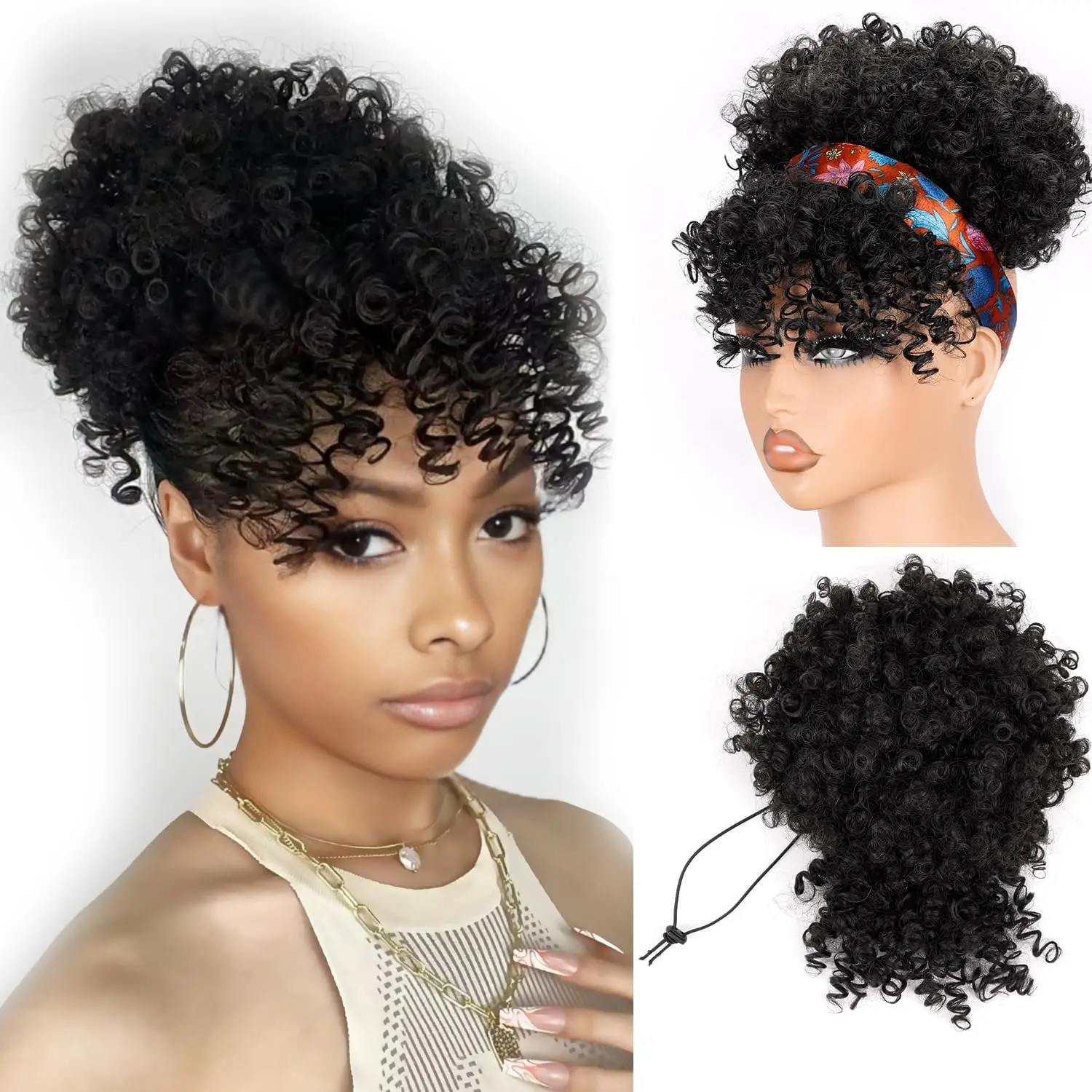Drawstring Ponytail for Black Women, Afro Puff Bangs, 1B  Black | Kinky curly afro puff ponytail extension with bangs and drawstring design for  hair updo styles