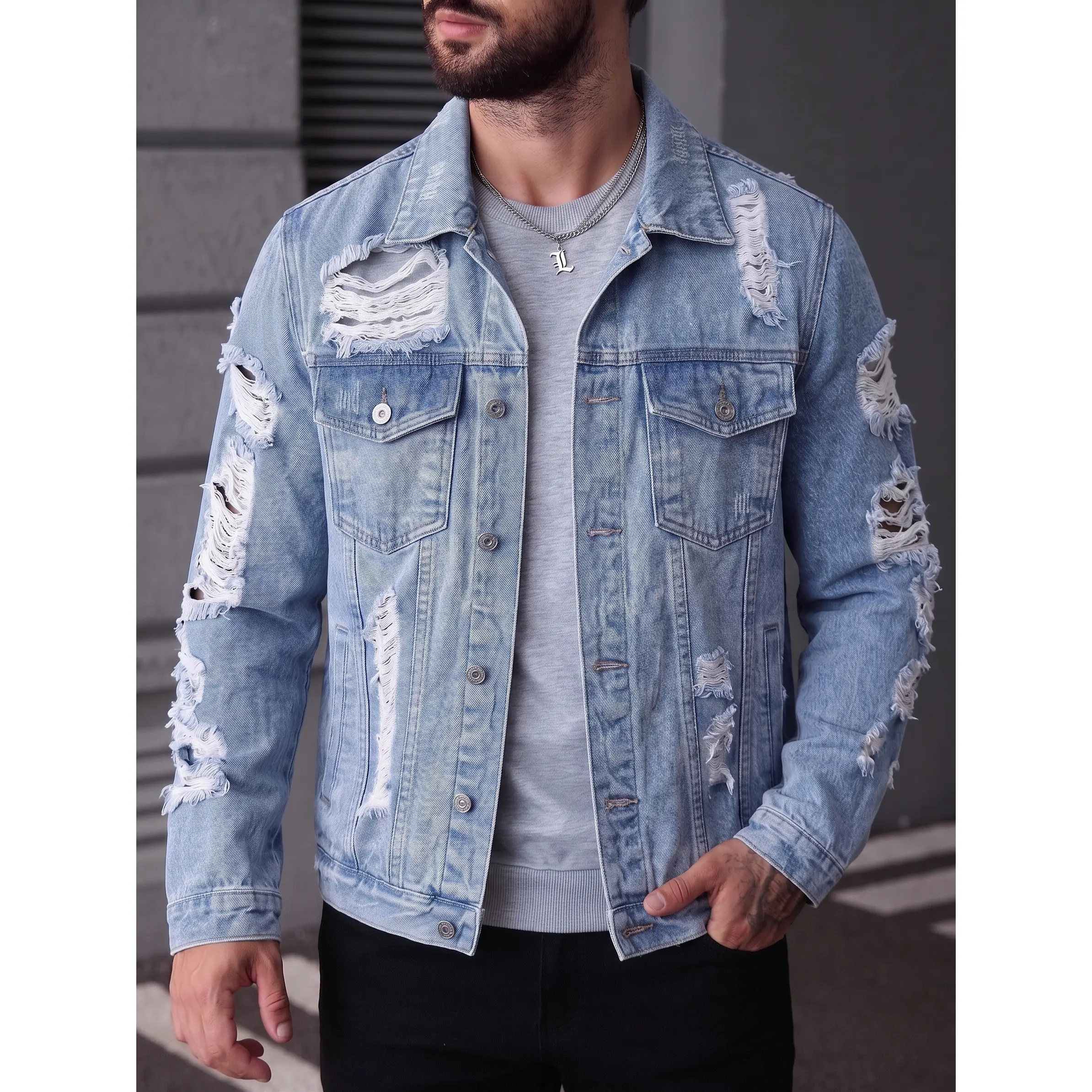 Men's Oversized Vintage Pale Light Wash Ripped Fray Cotton Blend Plain Denim Trucker Jacket - Menswear Coats, Long Sleeve, Lapel Collar, 2 Snap Chest Pockets, Button-Up, Relaxed Fit, Classic Punk All-Season Grunge Streetwear Outerwear For Fashion Creators