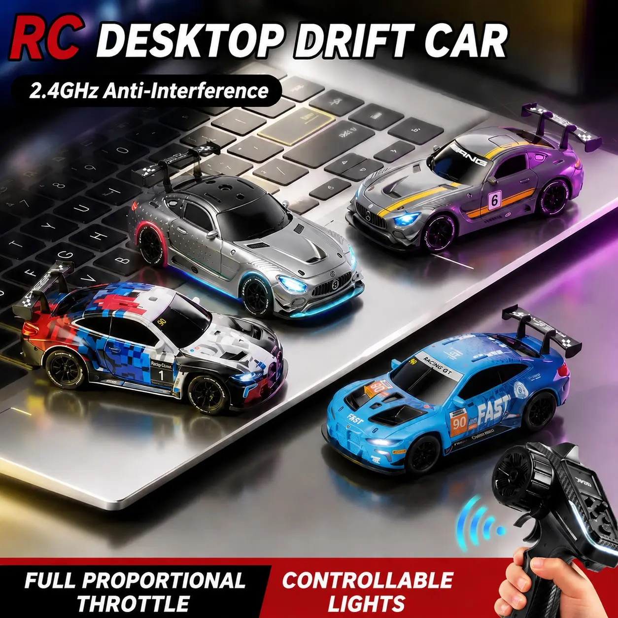 Mini RC Drift Car, 1:43 Scale High-Speed Racing Car, 2.4GHz 4WD Full Proportions Desk Competition Toy with APP Control, LED Lights, Vehicle for Adults Boys Girls, Birthday Gift, Christmas Gift