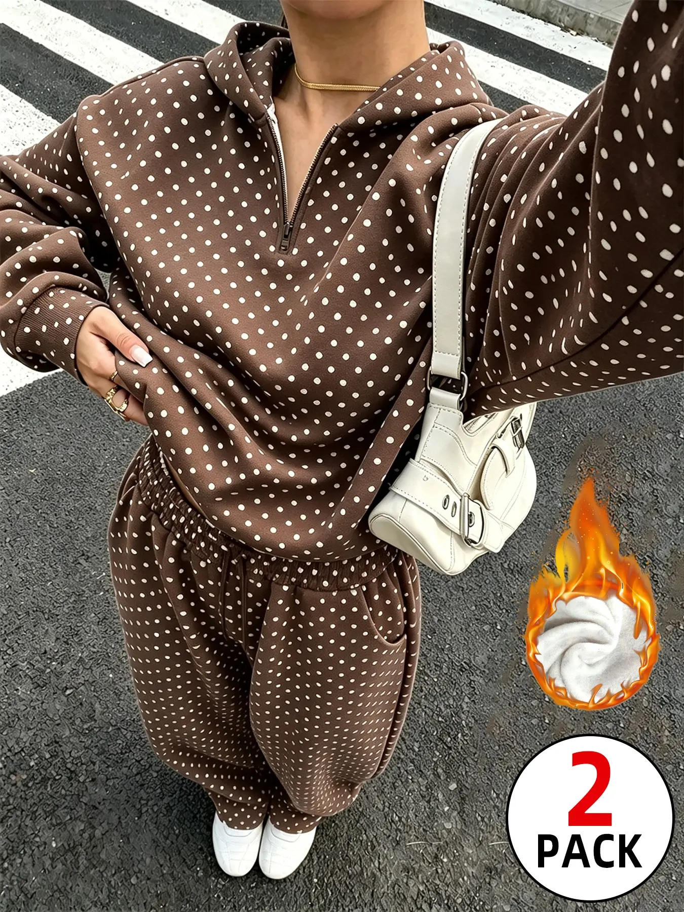 2 Pack Women Polka Dot Fleece Tracksuit 2026 TikTok Viral Oversized Half Zip Stand Collar Sweatshirt Jogger Pants Matching Sets, Casual Sportswear Outfit, Cold Weather Insulated Warm Fleece, Women Athletic Outfits