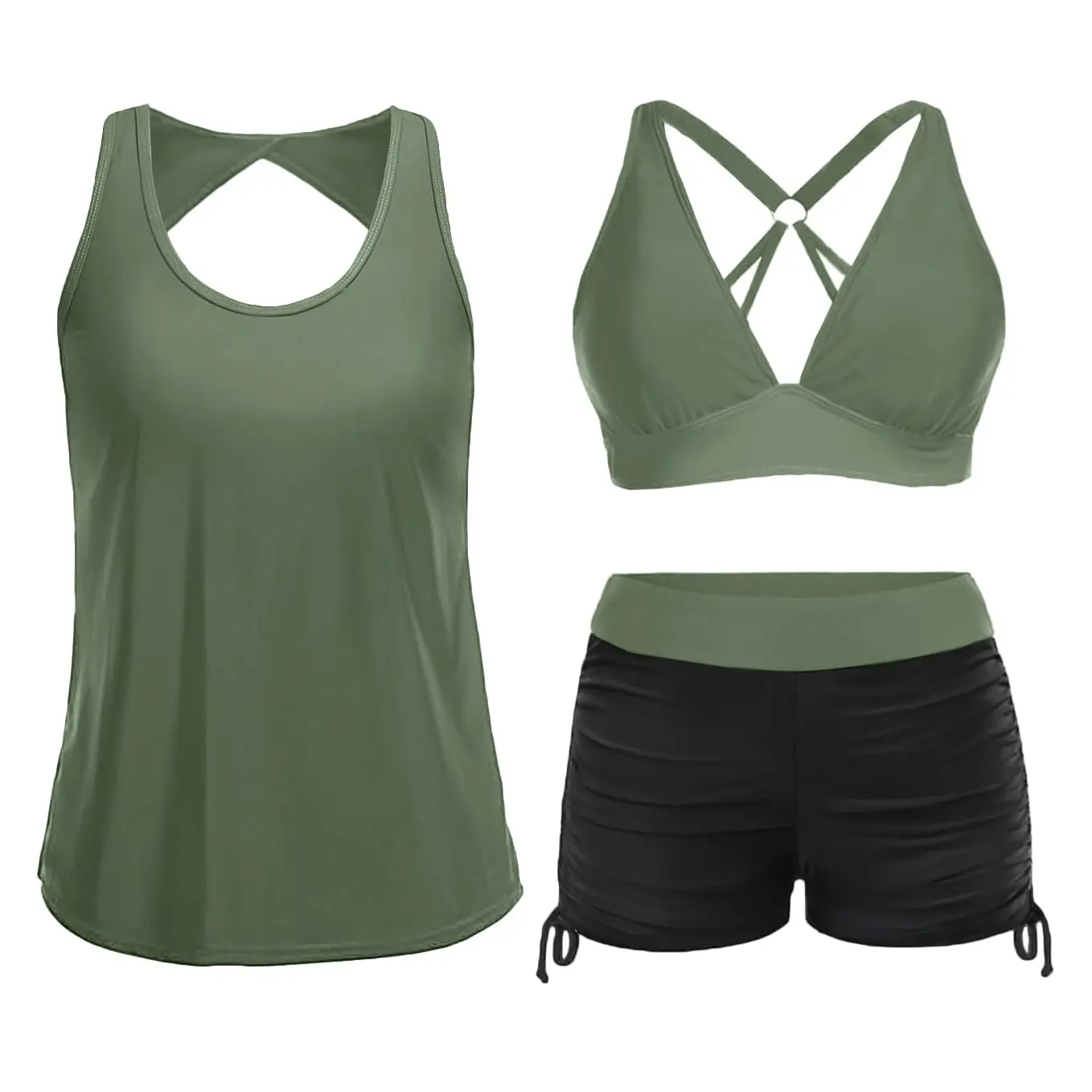 Yonique Three Piece Tankini Swimsuits for Women Swim Tank Top Bathing Suits with Boy Shorts and Bra Athletic Swimwear