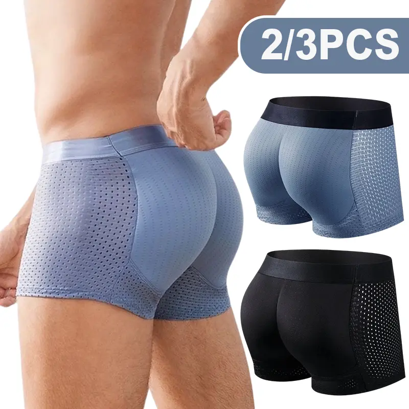 Men's Butt Padded Mesh Boxer Briefs (1/2/3PCS) - Compression Fit Stylish Menswear, Lightweight Stretchy Breathable Fabric, Hip Lifting, Butt Enhancing Pads, Tummy Shaping Gym Wear for Fitness Workouts, Male, All Seasons