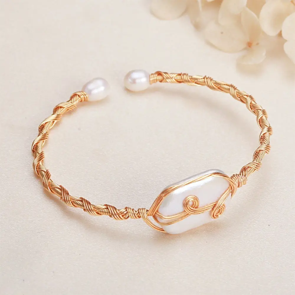 Retro Wrapped Cuff Bangle with a Natural Freshwater Pearl for Women, Light Luxury Statement Jewelry with Unique Textures, Natural Pearls, Daily Wear, Wrapped Shape, Exclusive Uniqueness, Fits Wrist Curve Naturally, Soft Pearl Luster