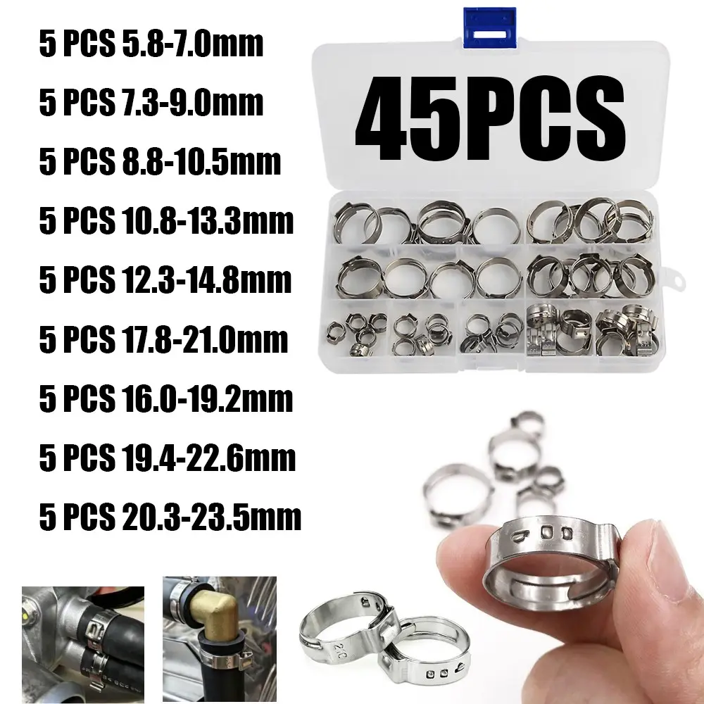 45pcs Boxed Single Ear Adjustable Hose Clamps, 5.8-23.5mm Stainless Steel Hose Clips, Durable Hardware for Various Applications