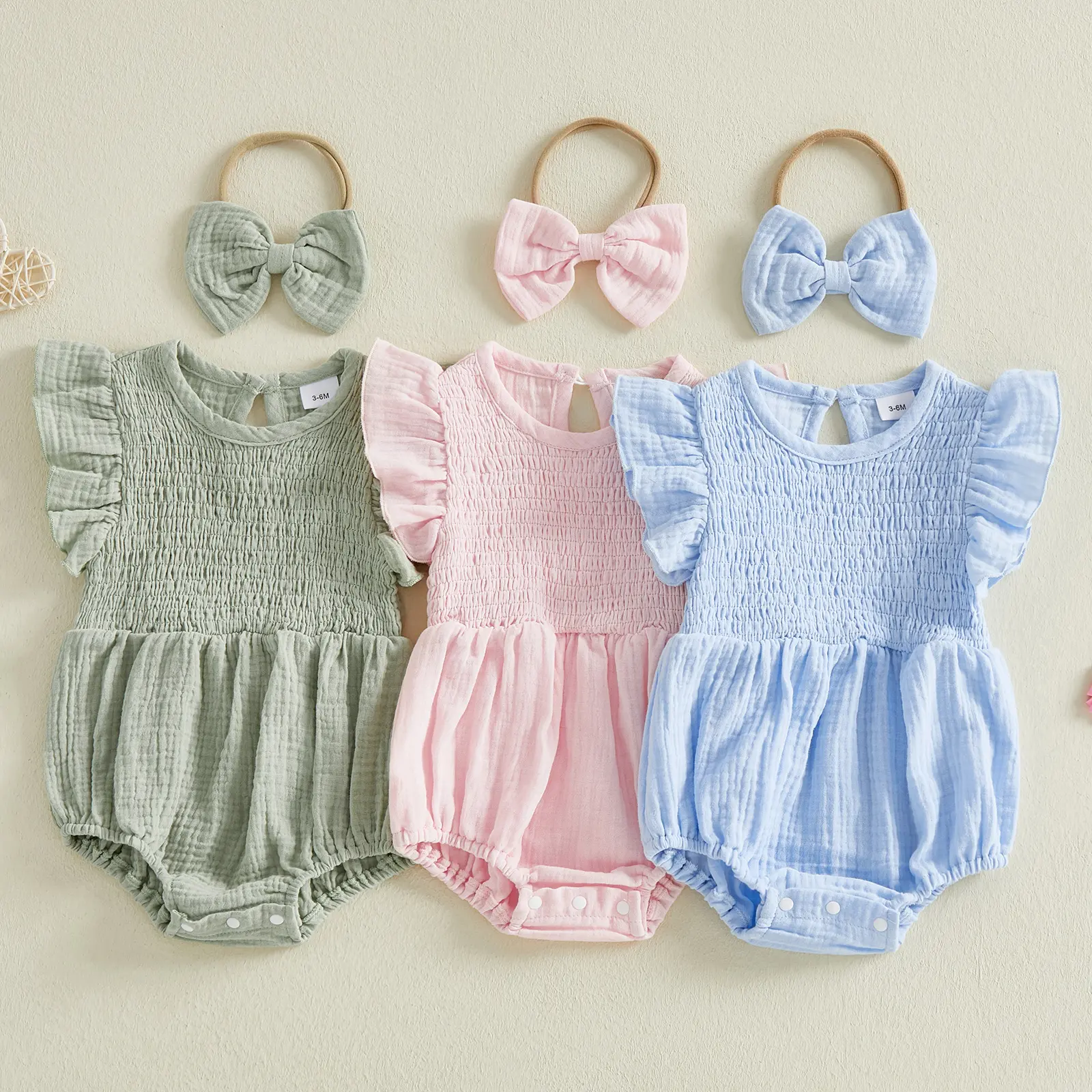FOCUSNORM Newborn Baby Girl Bubble Romper Summer Clothes Solid Color Flying Sleeve Jumpsuit Bodysuit Headband Infant Outfit