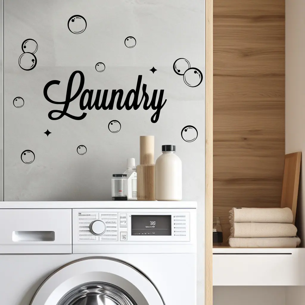 1pc modern self-adhesive wall stickers with semi-matte polyvinyl chloride patterns, "Laundry Room" letters and bubble themes, detachable irregularly shaped laundry room wall stickers, suitable for home decoration Wall Decal, Decorative Wall Sticker