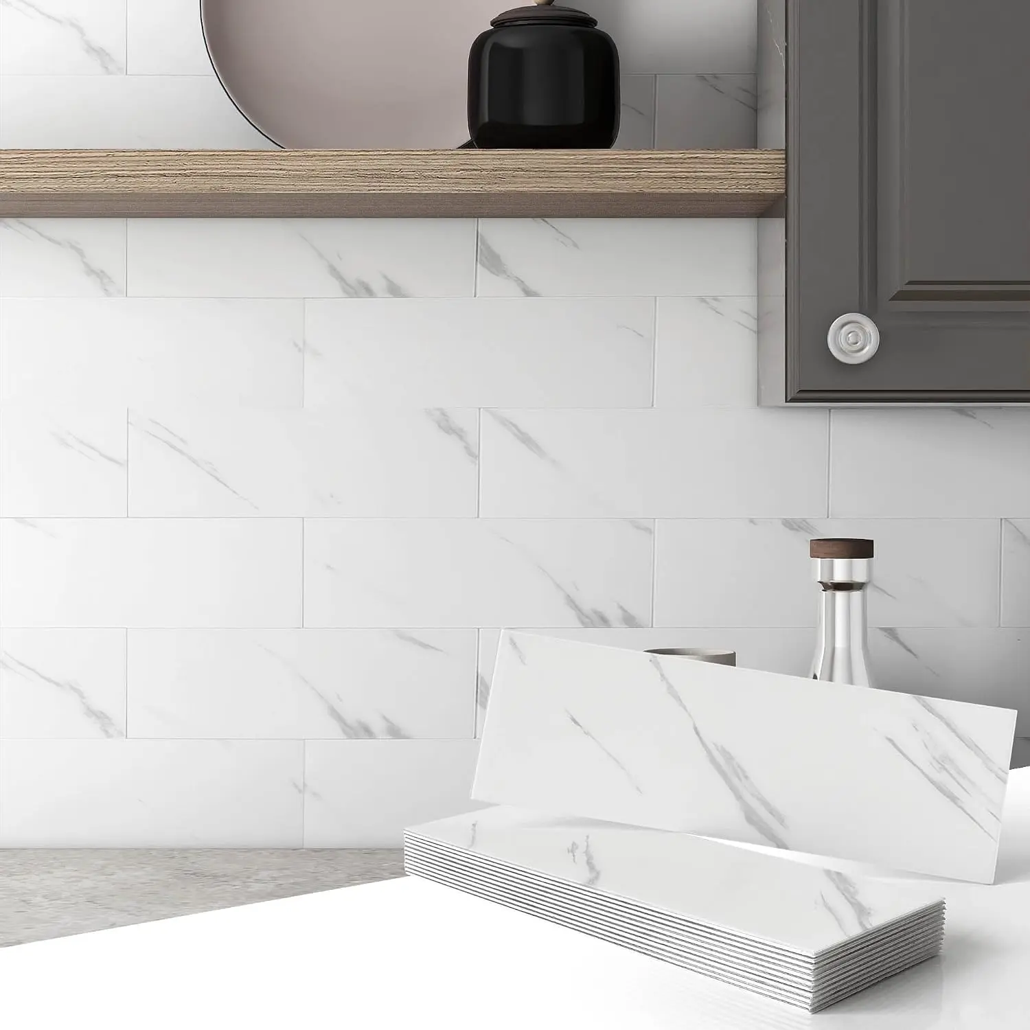 Peel and Stick Backsplash Tiles,Wall Stickers Marble Tile Backsplash Individual Subway Tiles 3.9"x11.8"-16Tiles White