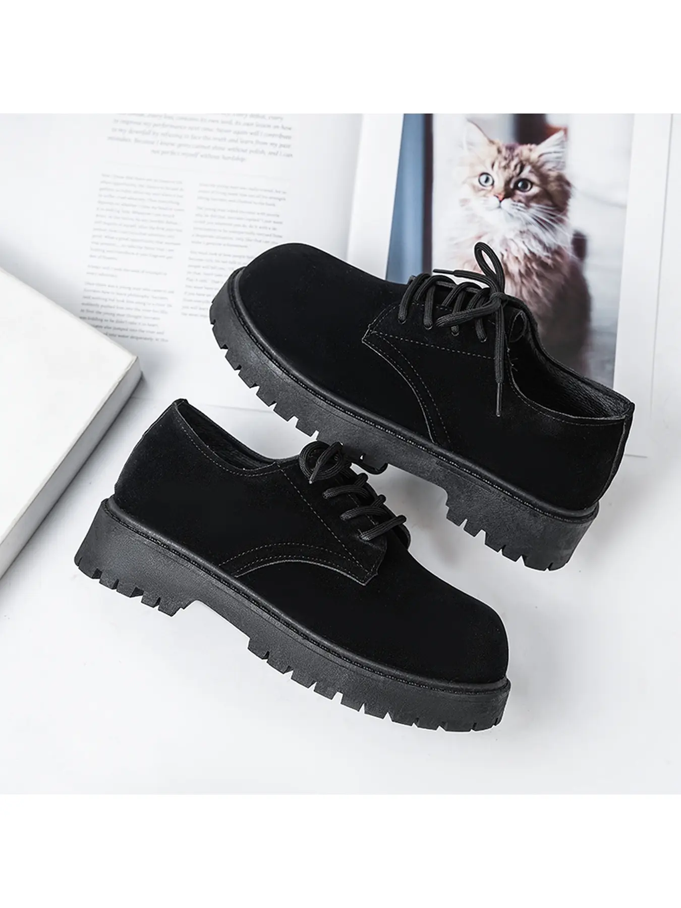 Men Vintage Suede Platform Work Casual Shoes Khaki Low Top Chunky Lug Sole Casual Oxford Shoes Lace Up Round Toe Daily PU Leather Footwear