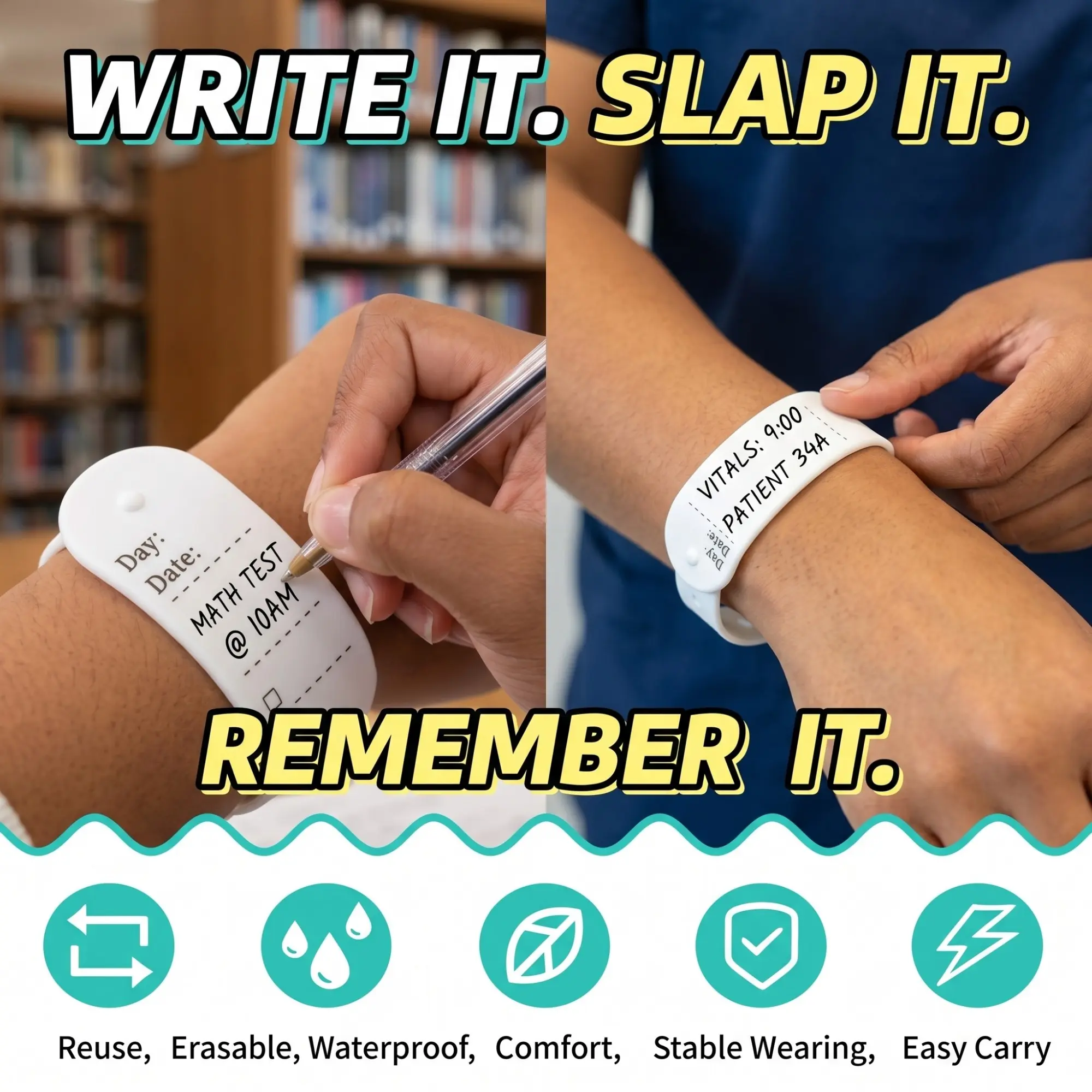 1/3PCS Memo Slap Bracelet Erasable Reusable Wristband Notebook--Silicone Material + with Its Own Ruler, soft, uncoated grid lines. For outdoor workers/nurses/teachers/children/forgetful/dementia seniors/special needs for work planning, tasks & to-do list