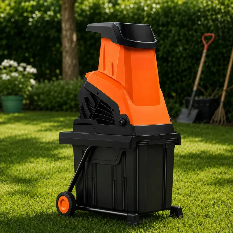 Electric Wood Chipper Shredder, 15-Amp Portable Garden Mulcher, 1.77-Inch Cutting Capacity, 21:1 Reduction Ratio, 10-Gallon Collection Bin for Branches, Twigs & Yard Waste Cleanup