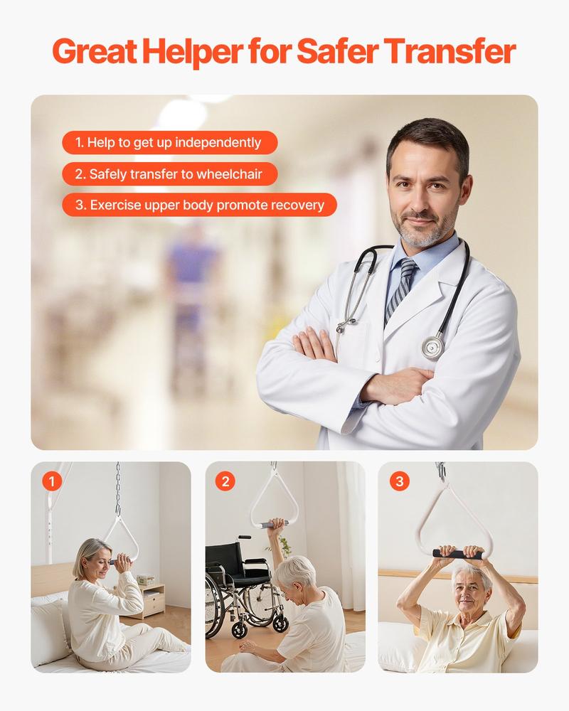 VEVOR Trapeze Bar for Bed Mobility, Bed Trapeze with Clamps and Floor Stand, 250LBS Weight Capacity Bed Pull Up Assist for Elderly, Patients & Disabled, Suitable for Home Care, Hospital, Nursing Home