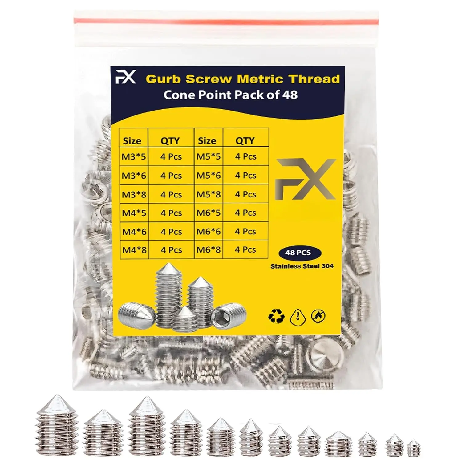 Cone Point Set Screws 48 count (M3,M4,M5,M6) Hex  - Metric 304 Stainless Steel Grub Screws  Sizes Ideal for  Repairs, Bathroom Fixtures and