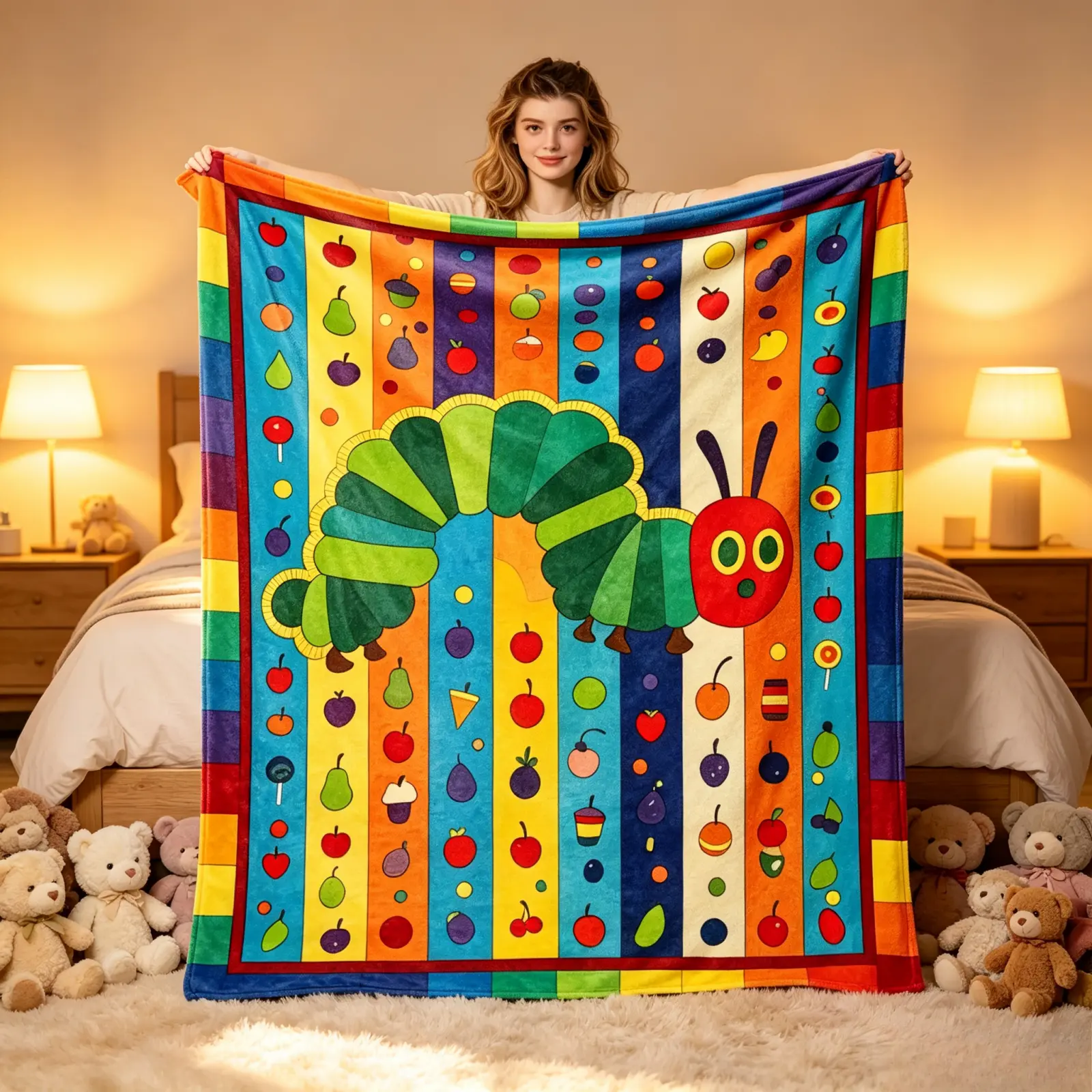 Cute Hungry Caterpillar Cartoon Flannel Throw Blanket, Adult & Baby Size Soft Warm Nap Blanket, Cozy Decorative Cover For Sofa & Bed, Lightweight Portable Blanket For Travel Camping, Multi Use Home Office Decor Gift For Christmas Halloween Birthday
