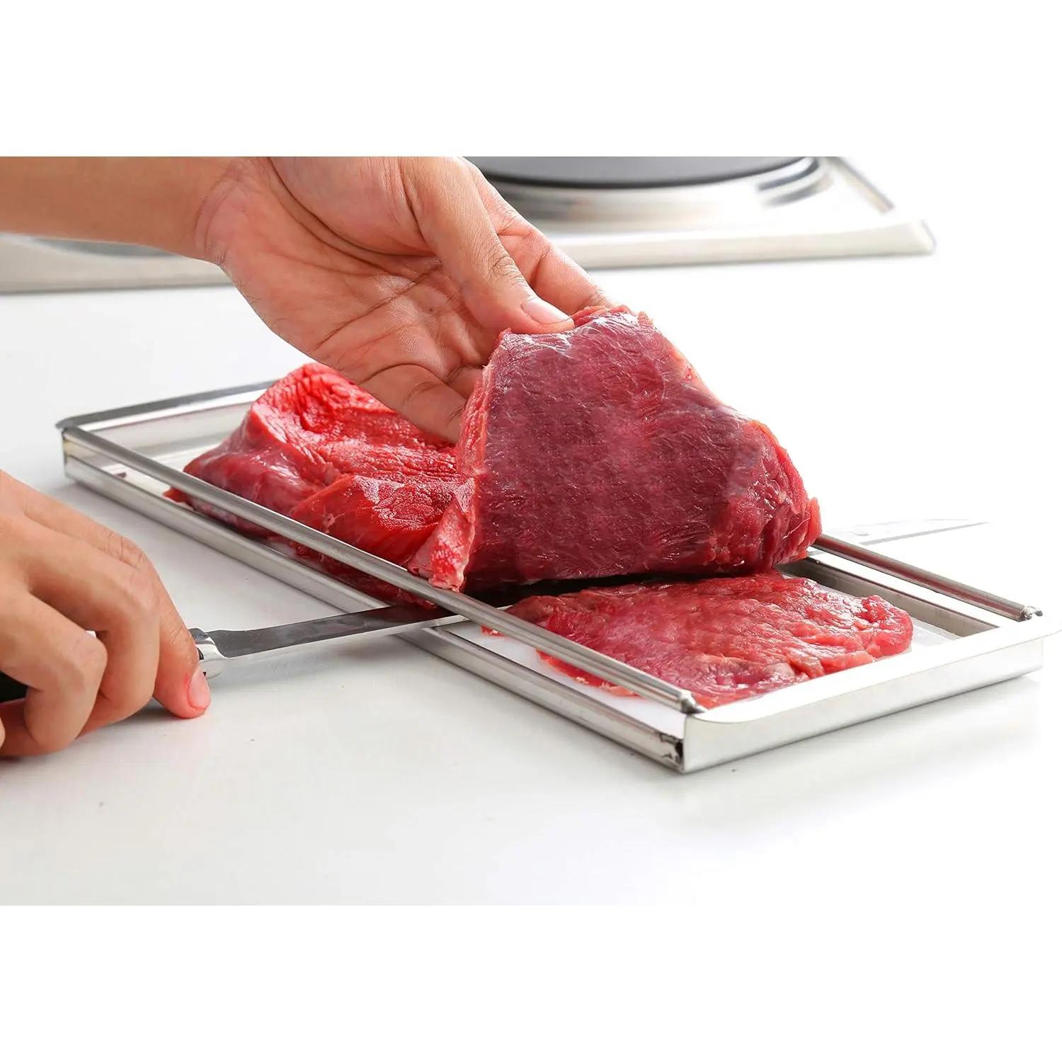 PRECISION MEATS Beef Jerky Slicer Kit -  10" Butchers Carving  & Meat Slicing  Board for Safe, Mouthwatering, Uniform Slices - Adjustable Thickness - Dishwasher Safe Jerky Maker