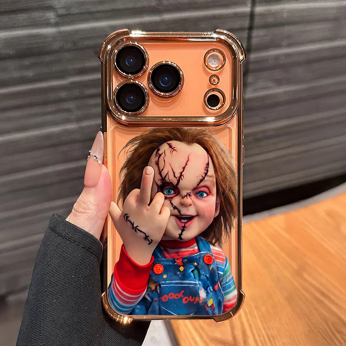 Chucky Creepy Gesture Pattern Phone Case , Electroplated Cover with Airbag Shockproof Slim Soft TPU Cover for iPhone X 11 12 13 14 15 16 17 Pro Max Plus Air, Halloween Horror Movie