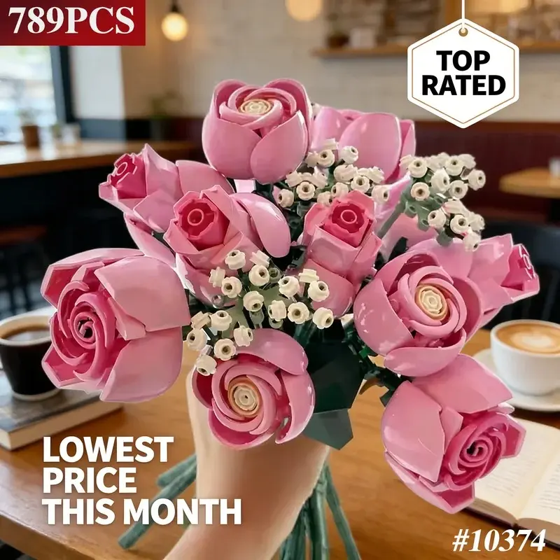 2026 New 789pcs Technology Pink Rose Bouquet Building Blocks Set Decorate Suitable For Mother's Day Gift Present Thanksgive Gift