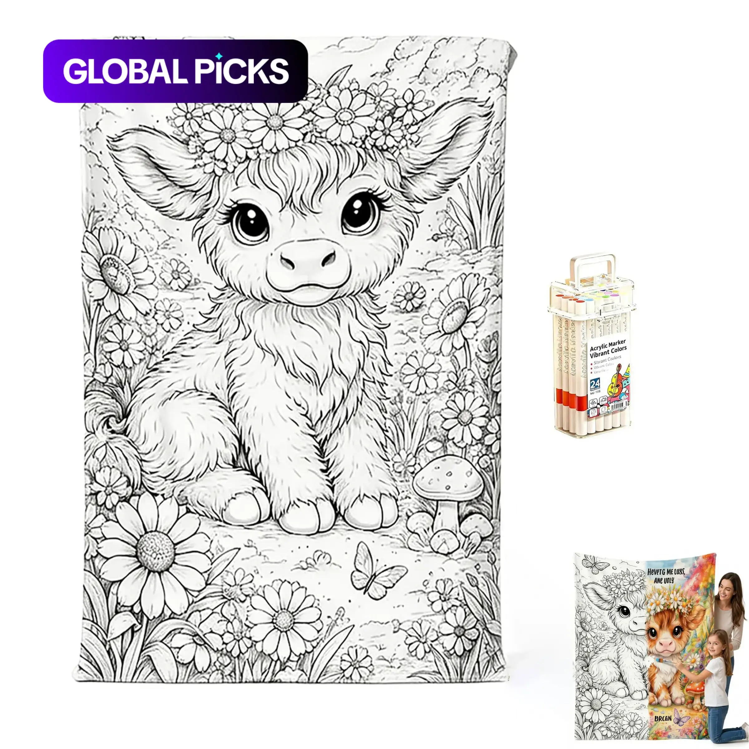 Highland Cow Themed DIY Coloring Blanket with 24 Color Markers, 40x60 Inch Creative Craft Kit for Kids & Adults, Fun Art Activity Set