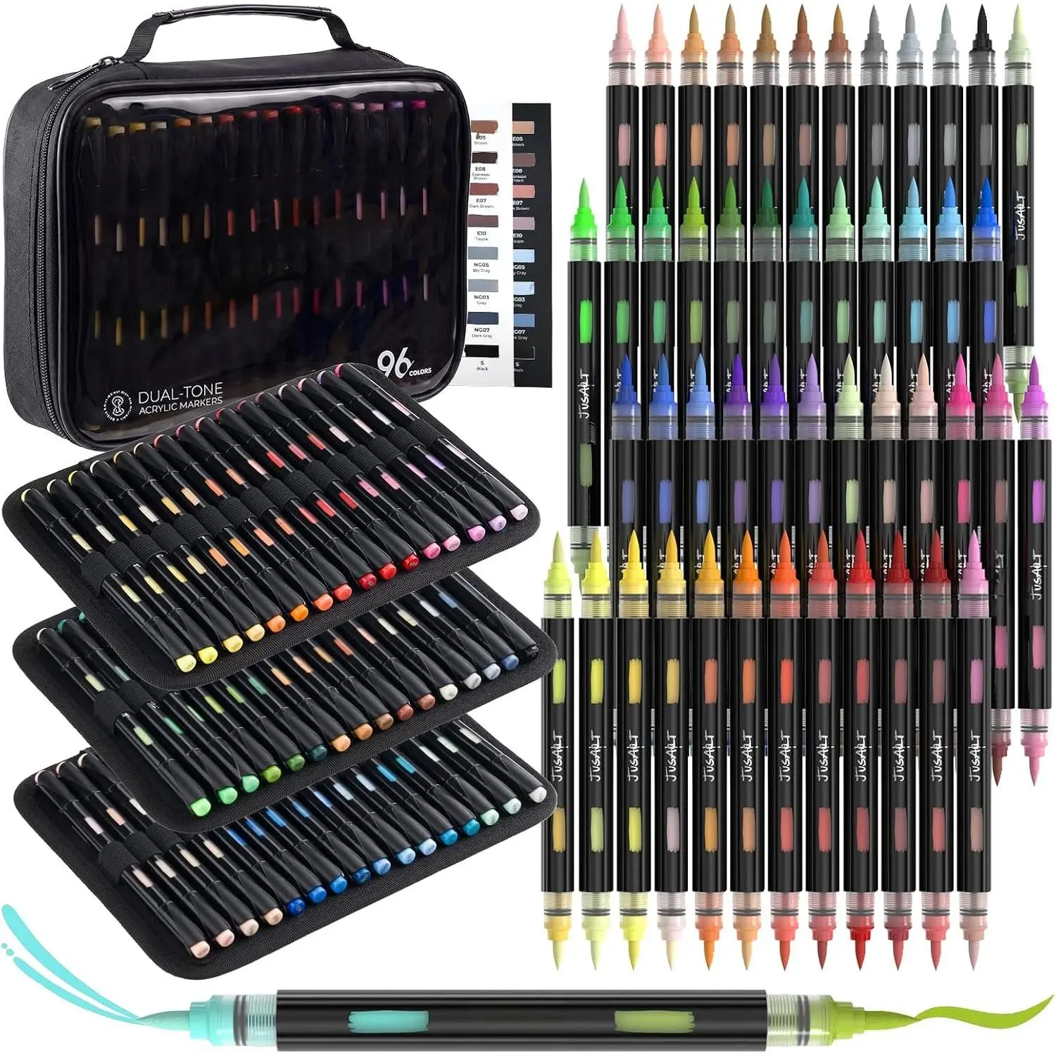Brush Markers, 96 Colors Brush Tip  Marker Set, 48 -Tip Water Based No Bleed Markers with Automatic Ink Control for , Rock, Fabric, Canvas, Glass, Eggs & DIY Crafts
