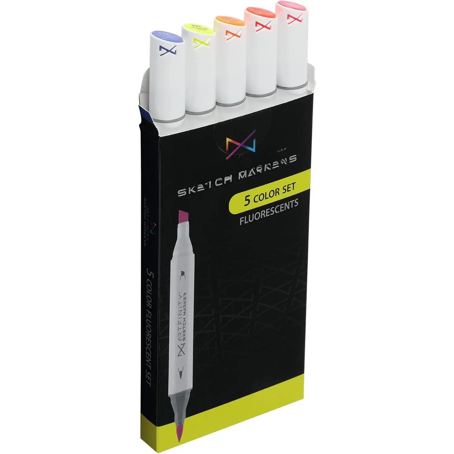 Fluorescent Dye-Based Sketch Marker Set of 5 - Professional Brush + Chisel Double-End Tips Markers for Artists, Drawing - Office Stationery Writing Tool