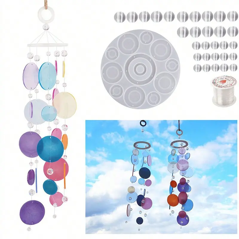 1Set Wind Chime Silicone Resin Mold , Multi-Size Circles Disc Wind Chime Casting Mold with Clear Bead Resin Molds & Transparent Thread, DIY Hanging Wind Chime Epoxy Resin Molds for Home Garden Decor Handmade Craft Easy Assembly