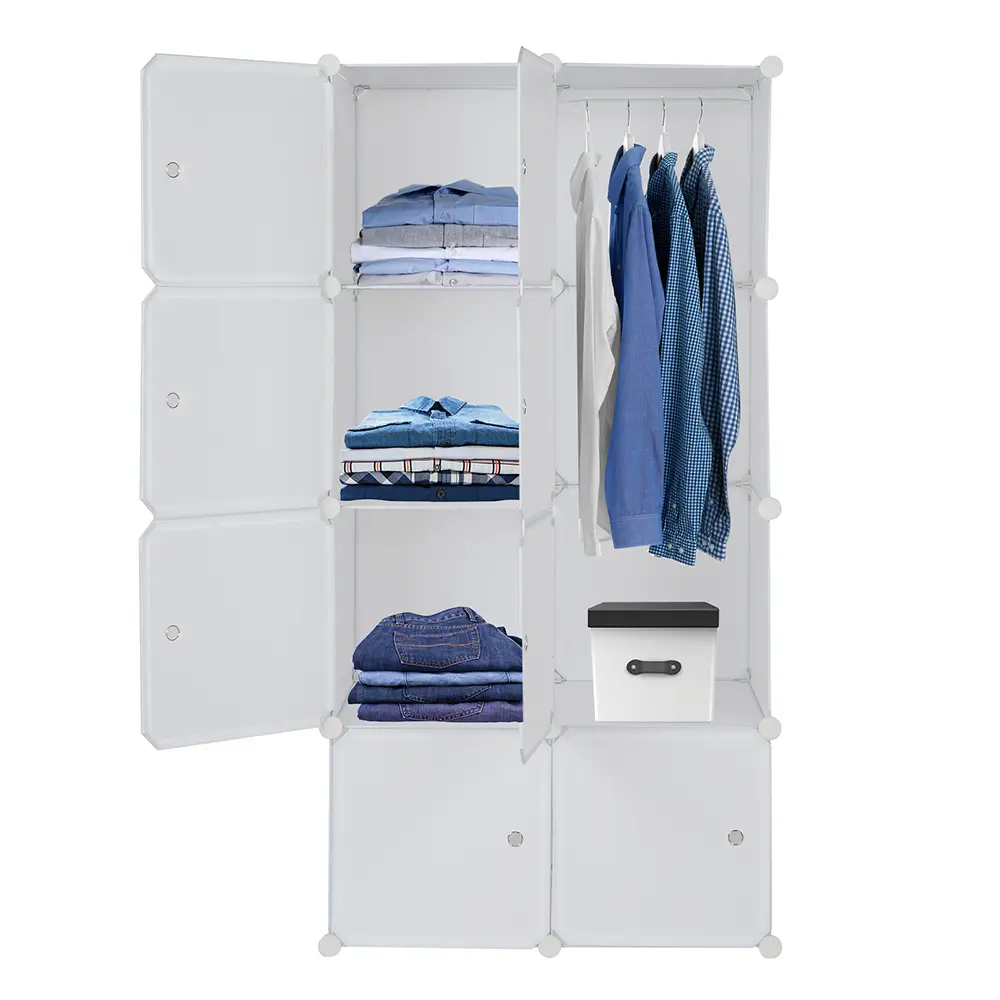 White 8-Cube Stackable Plastic Closet Storage Wardrobe - Multifunctional Modular Cabinet, Hanging Rod, Adjustable, 10lb/Cube, 27.6x17.7x56.7in, Assembly Required, Child-Friendly, Expandable Container, Display Rack, for Kids Room