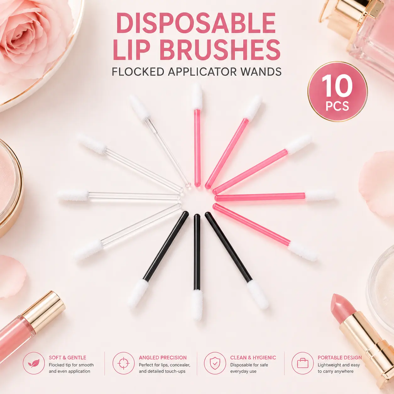 10PCS Disposable Lip Wands, Soft Lint-Free Lip Brushes for Lipstick & Lip Gloss, Makeup Applicator Tools for Eyes and Lips
